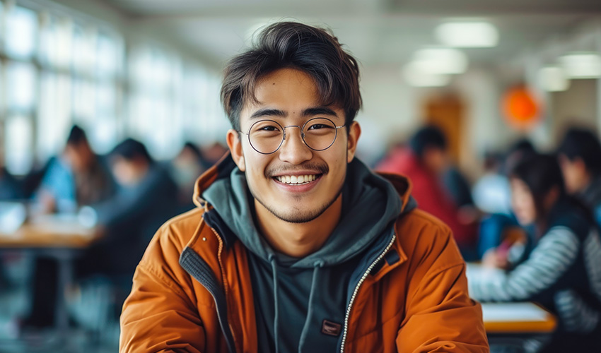 A cheerful CSUN student with glasses and a hoodie smiles brightly for the photo.