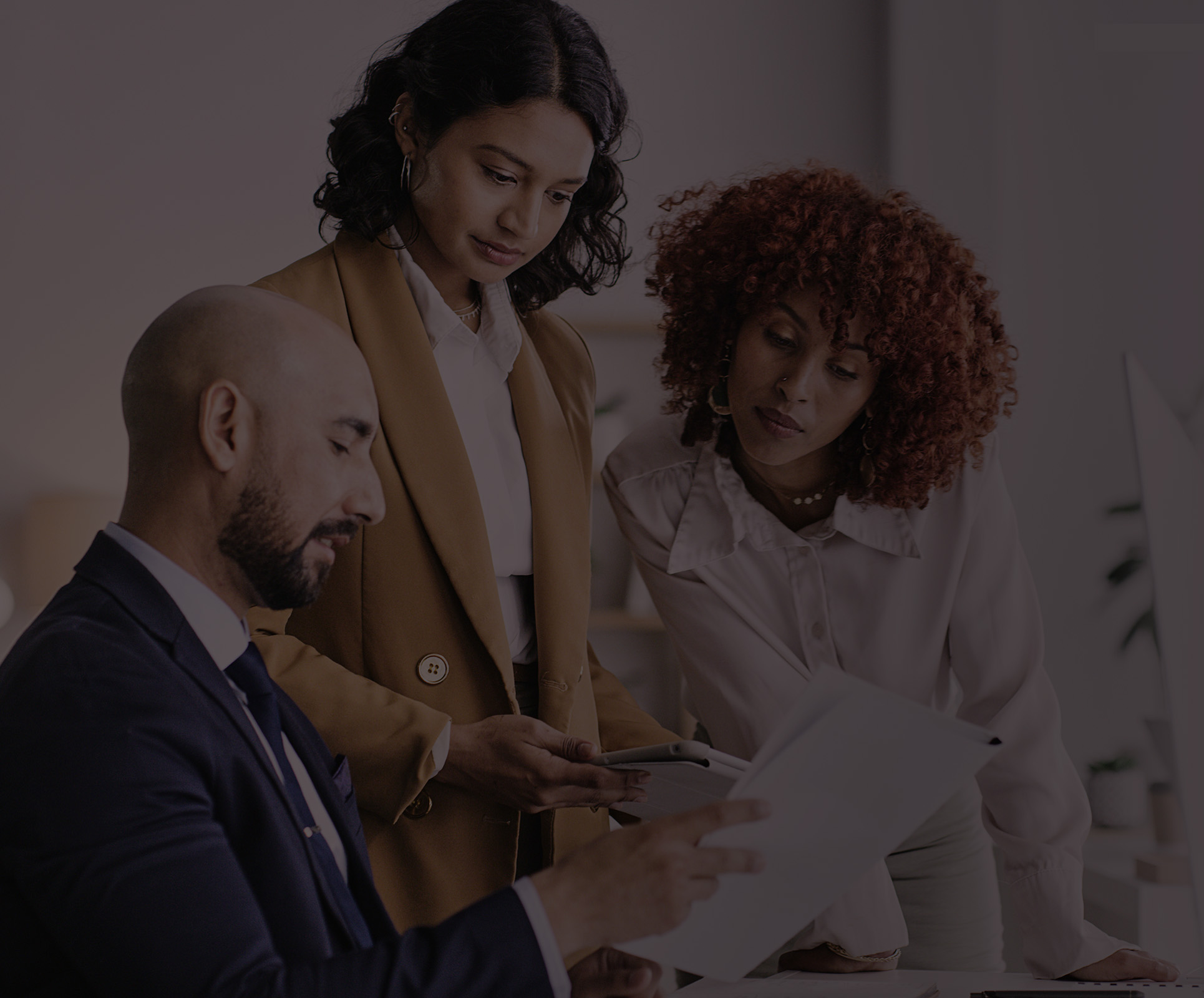 Slider Banner 1 mobile - guy in suit holding documents with two standing female colleagues looking at the document