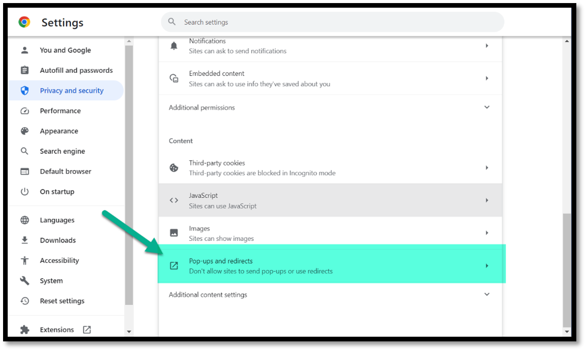 Google Chrome Site Settings screen with Pop-ups and redirects menu highlighted