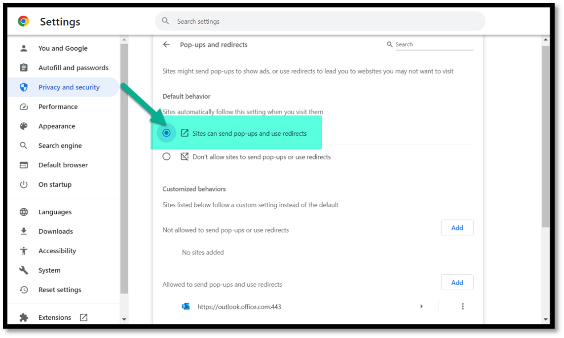 Google Chrome Pop-ups and redirects screen with Sites can send pop-ups and use redirects radio button highlighted