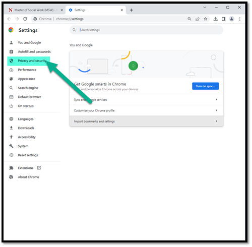 Google Chrome setting screen with Privacy and Security menu highlighted