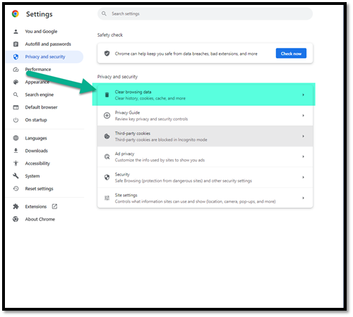 Google Chrome Privacy and Security screen with Clear browsing data menu highlighted